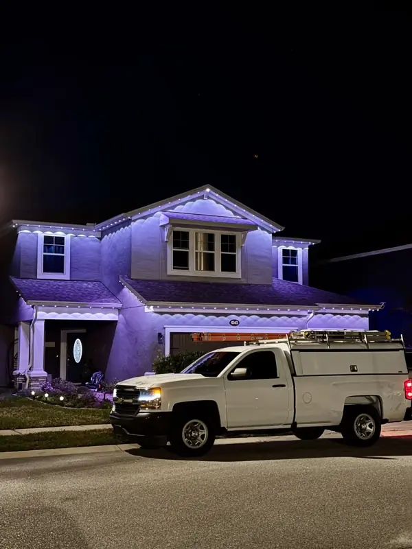 Permanent roofline lights in purple